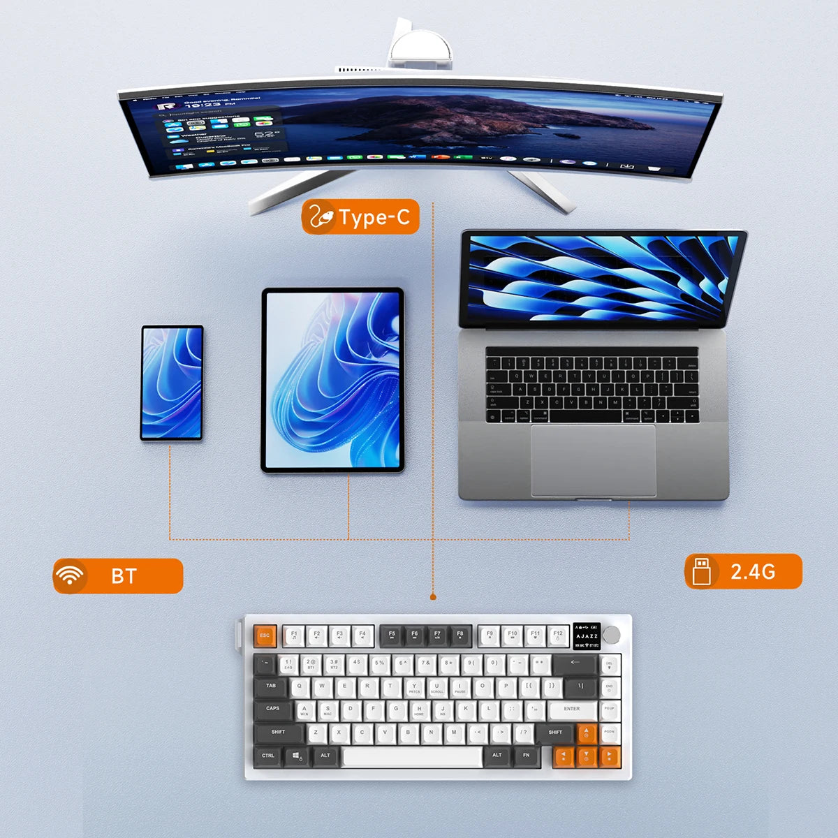 Wireless Tri-Mode Mechanical Keyboard – 75% Layout, RGB, Display & Multi-Function Knob.