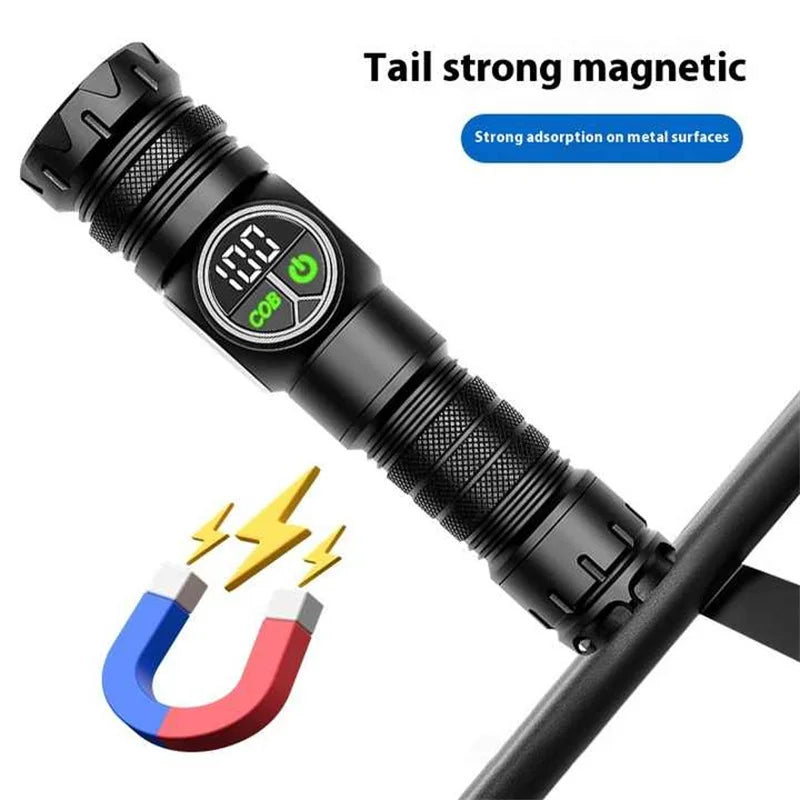 High-Power LED Flashlight – USB Rechargeable Tactical Torch with COB Side Light, Magnetic Base & Zoom.
