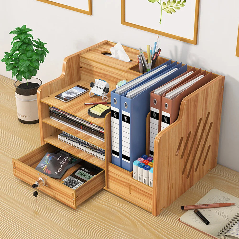 Cherry Wood Multi-Layer Desk Organizer with Lock – Desktop Storage Box.