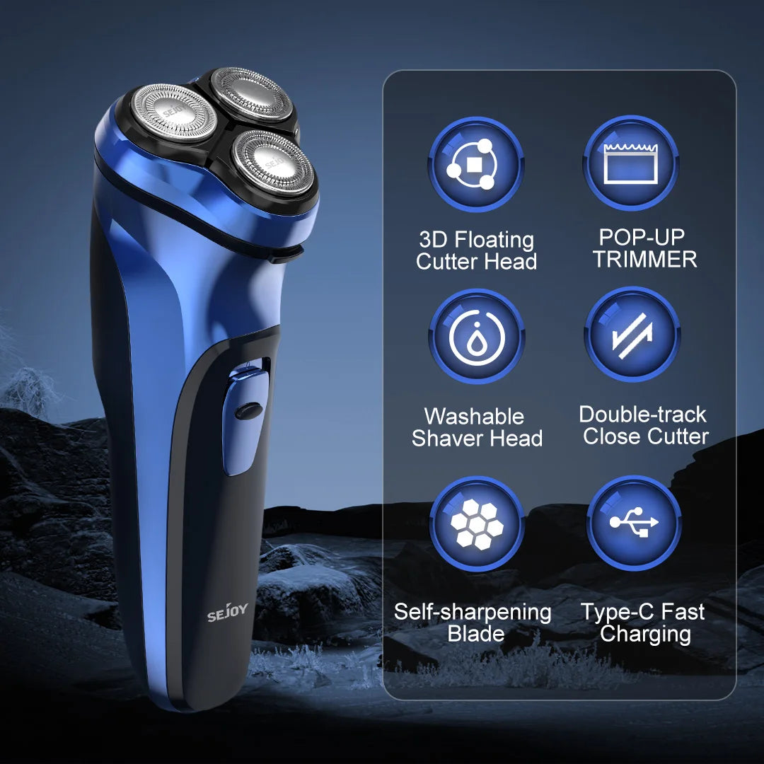 Men's Electric Shaver – Cordless Rotary Razor with Pop-Up Trimmer, Wet & Dry Use, USB Fast Charging for Travel.
