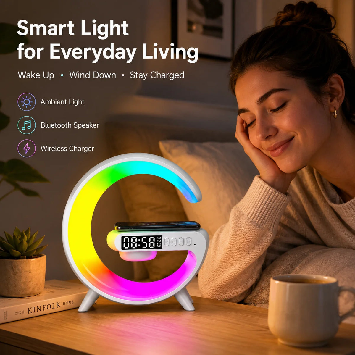 G-Shape LED Smart Desk Lamp – Multi-Functional Bedside Light with Wireless Charger & Bluetooth Speaker.