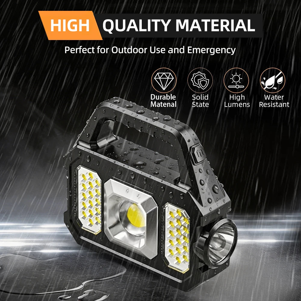 Solar Rechargeable LED Flashlight – COB Floodlight, Waterproof Tactical Torch with USB Charging.