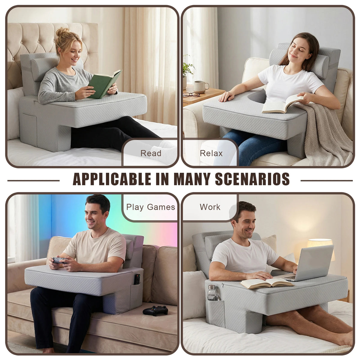 Ergonomic Back Support Pillow with Armrests & Pockets – Full-Body Reading Cushion for Bed, Sofa & Floor.