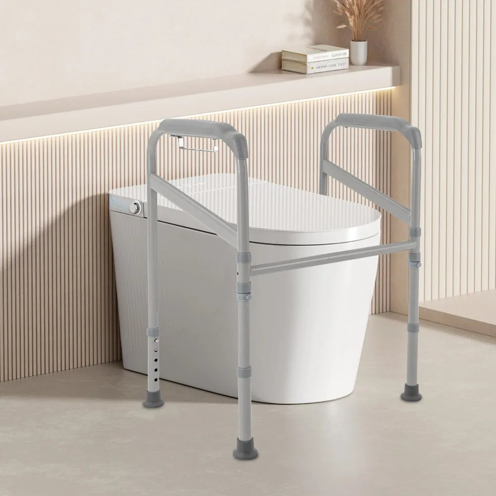 Toilet Support Frame with Grab Bars – Adjustable Height Steel Bathroom Safety Rail with Non-Slip Grip..