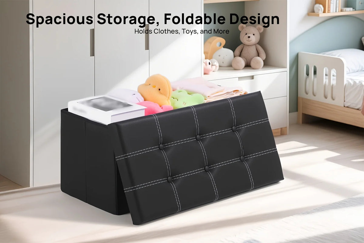 30-Inch Folding Storage Ottoman Bench – Faux Leather Padded Seat & Storage Chest.