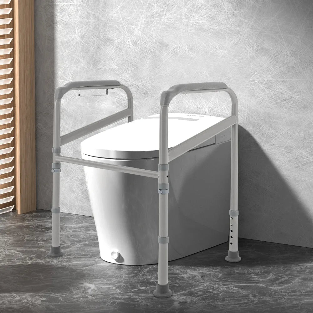 Toilet Support Frame with Grab Bars – Adjustable Height Steel Bathroom Safety Rail with Non-Slip Grip..