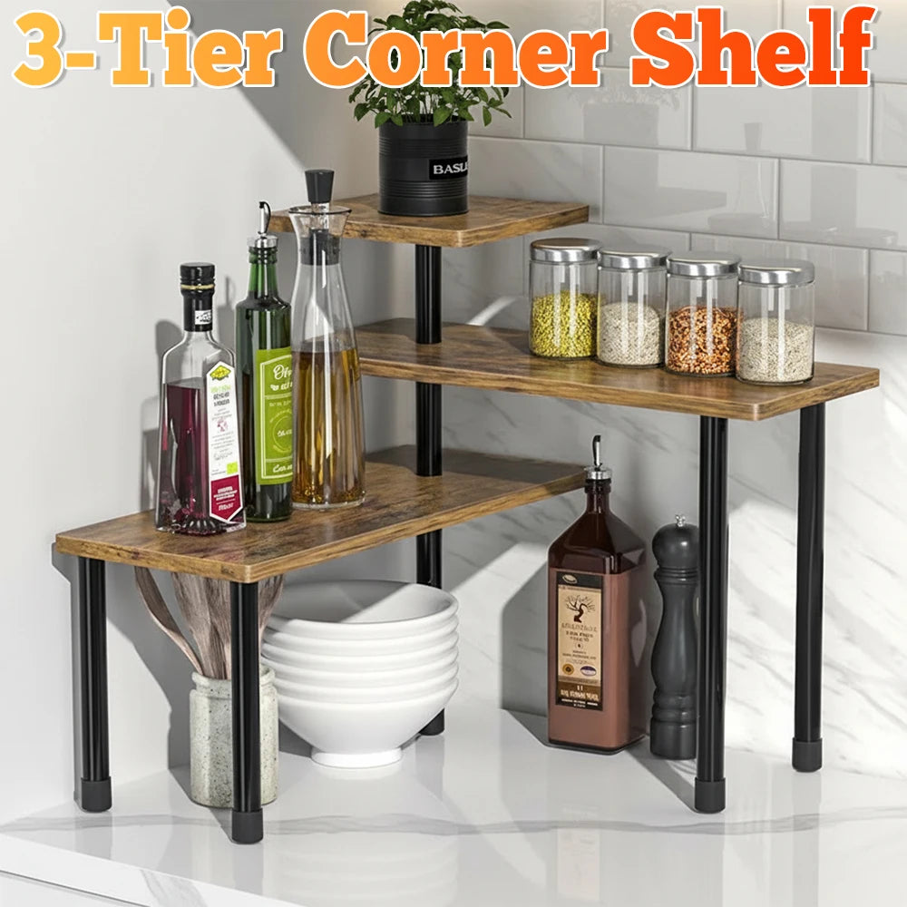 3-Tier Corner Shelf with Metal Frame – Space-Saving Countertop Organizer.