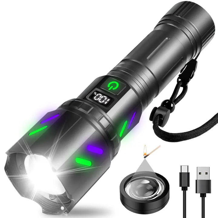 Zoomable Tactical LED Flashlight – USB Rechargeable Torch with Focused Beam, Laser Pointer & Outdoor Light.