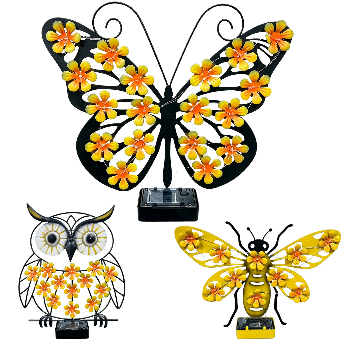 LED Solar Metal Wall Lights – Butterfly, Bee & Owl Garden Decoration Lamps.