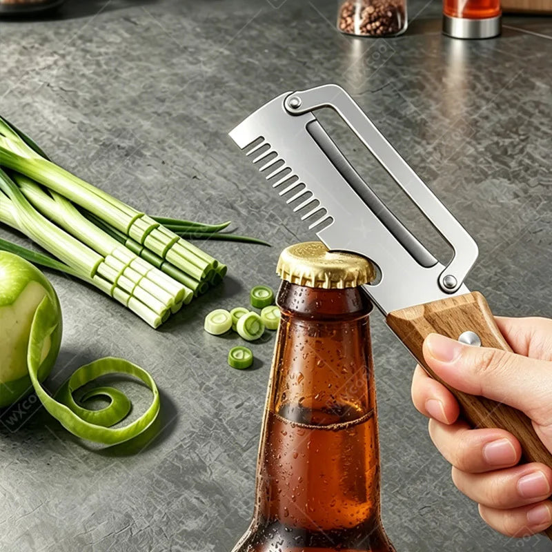 Multi-Function Vegetable Peeler – Stainless Steel Blade Kitchen Peeler with Wooden/Steel Handle & Bottle Opener.