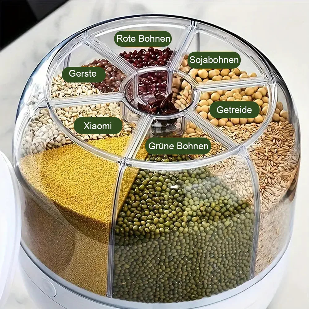 360° Rotating 6-Grid Food Dispenser – Airtight Grain & Cereal Storage Container, Moisture-Proof Kitchen Organizer.