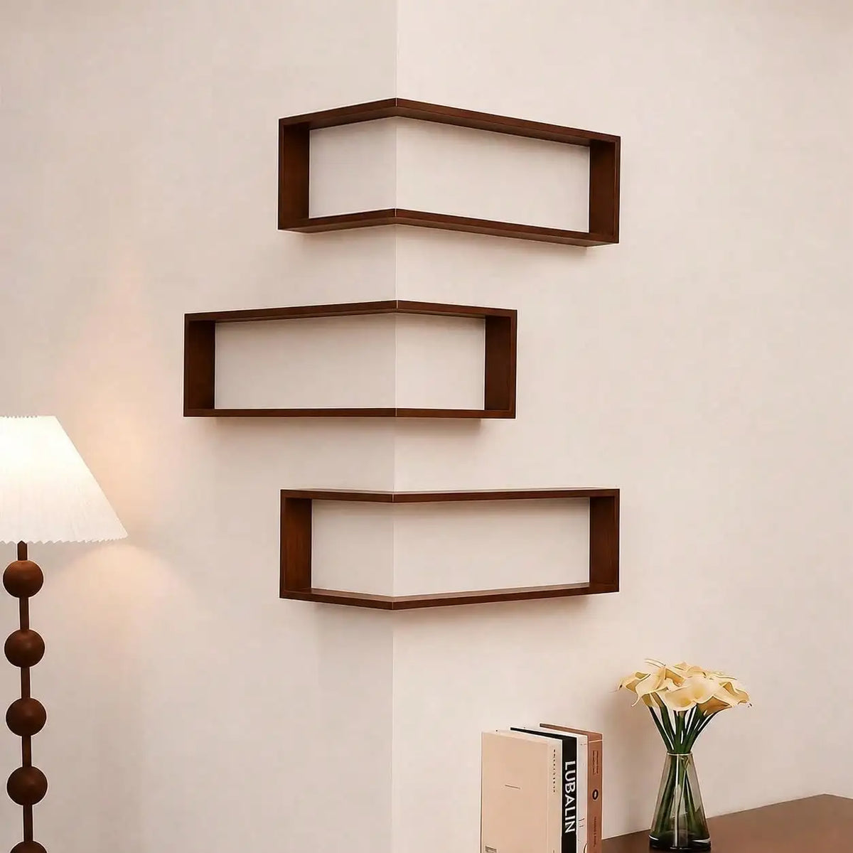 Set of 3 Wooden Floating Corner Shelves – Wall-Mounted Storage & Display Rack.