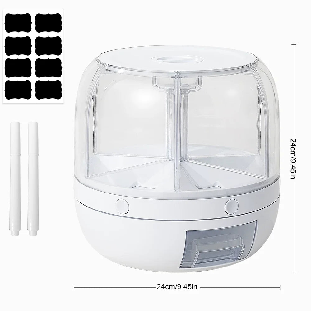 360° Rotating 6-Grid Food Dispenser – Airtight Grain & Cereal Storage Container, Moisture-Proof Kitchen Organizer.
