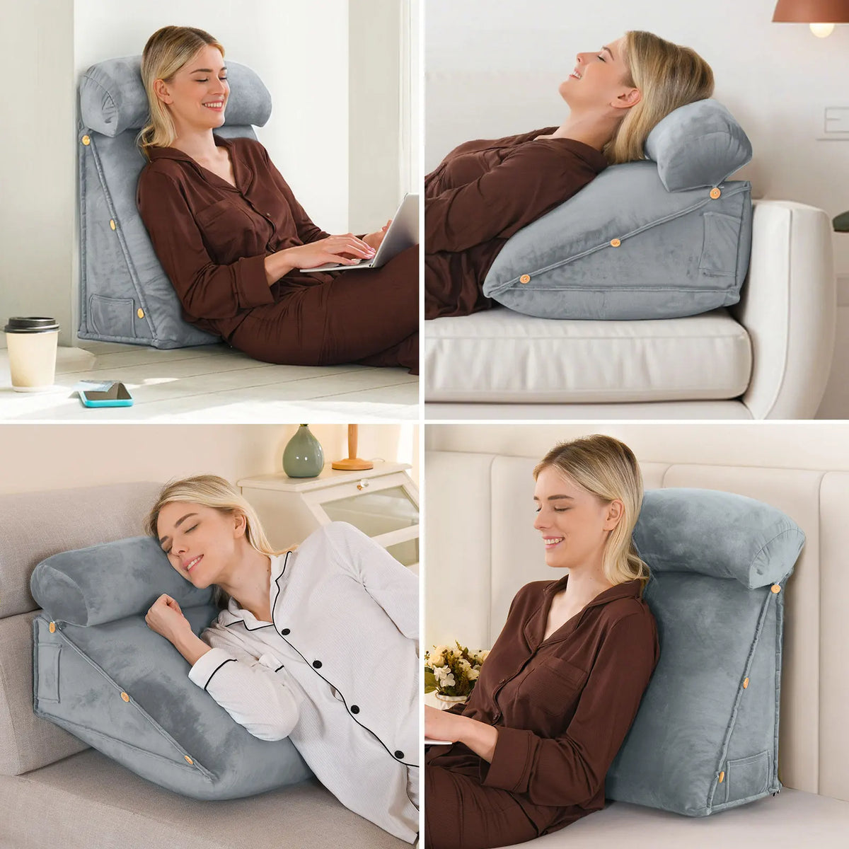 Ergonomic Back Support Pillow with Neck Roll – Wedge Cushion for Bed, Sofa & Chair.