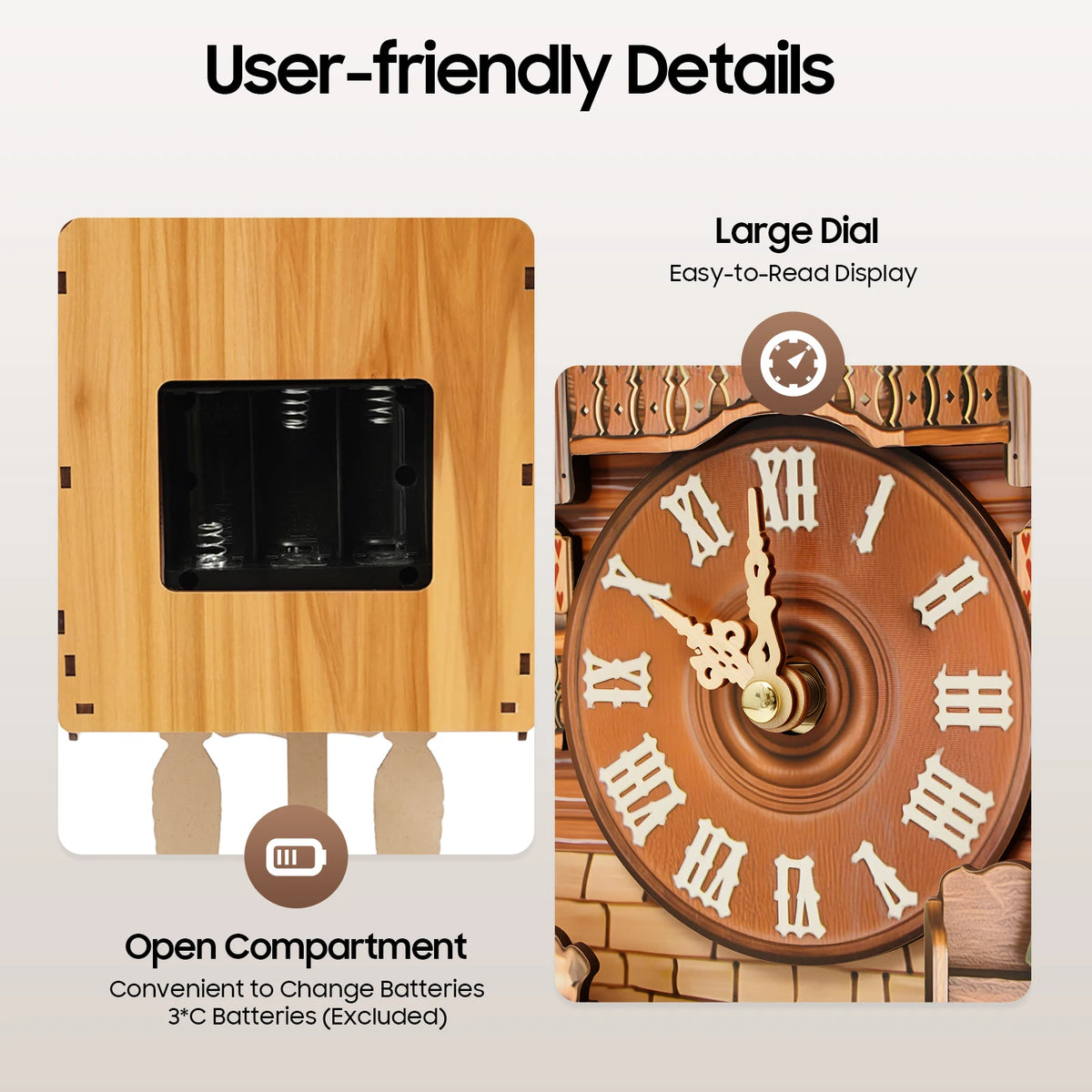 Wall-Mounted Wooden Cuckoo Clock – Traditional Chiming Clock, 25 × 10 × 50cm, 7:00–21:00 Hourly Chime, Decorative Home Wall Clock.