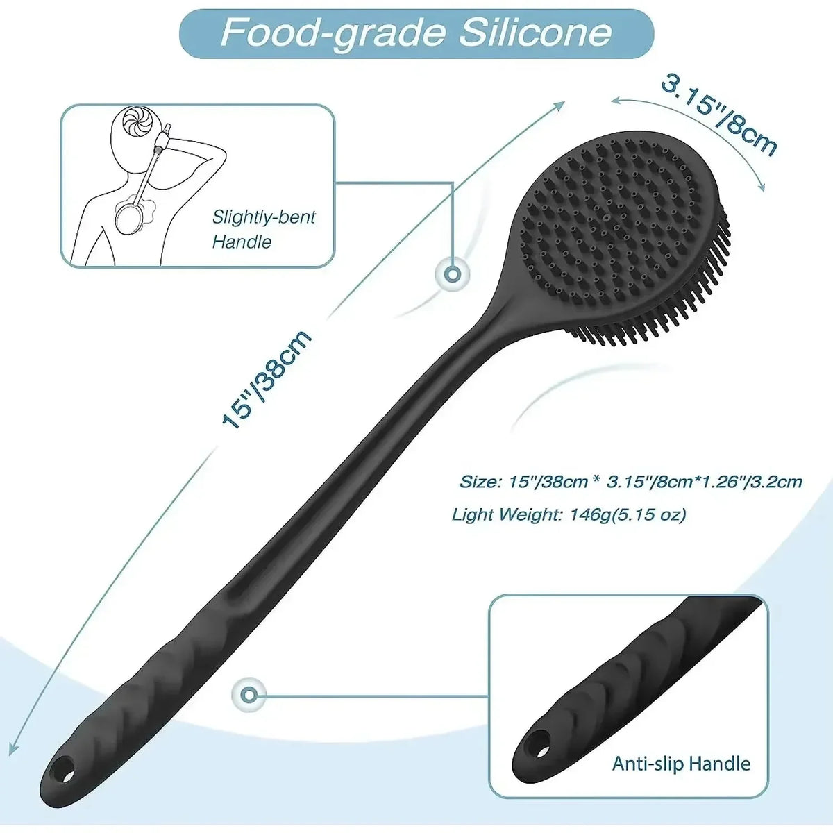 Silicone Body Scrubber with Long Handle – Back Brush Exfoliating Shower & Bath Skin Massager.