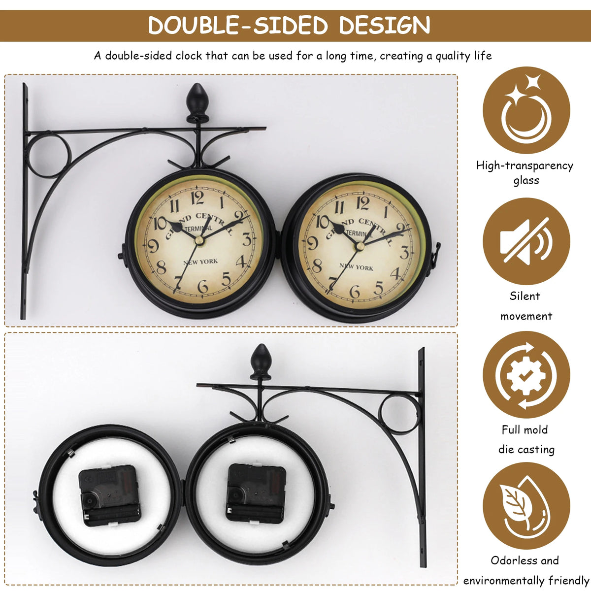 Double-Sided Retro Wall Clock – Silent Battery-Operated Antique-Style Clock.