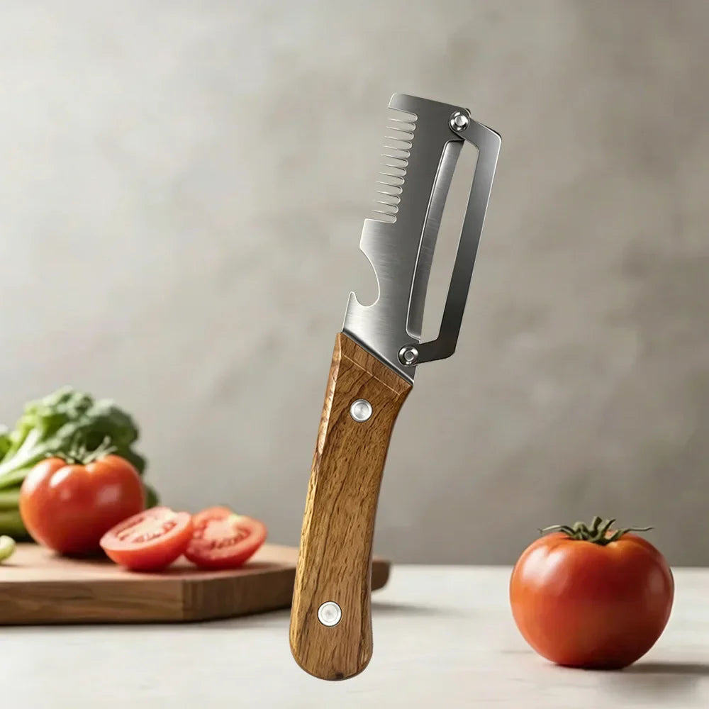 Multi-Function Vegetable Peeler – Stainless Steel Blade Kitchen Peeler with Wooden/Steel Handle & Bottle Opener.