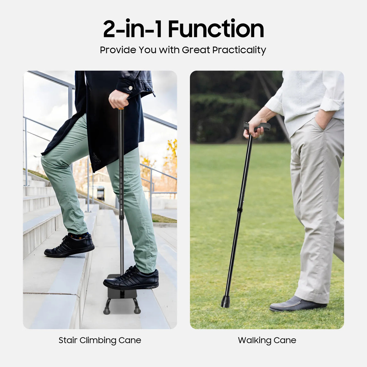 2-in-1 Stair Climbing Walking Cane – 10-Level Adjustable Height with 4-Leg Stability for Seniors.