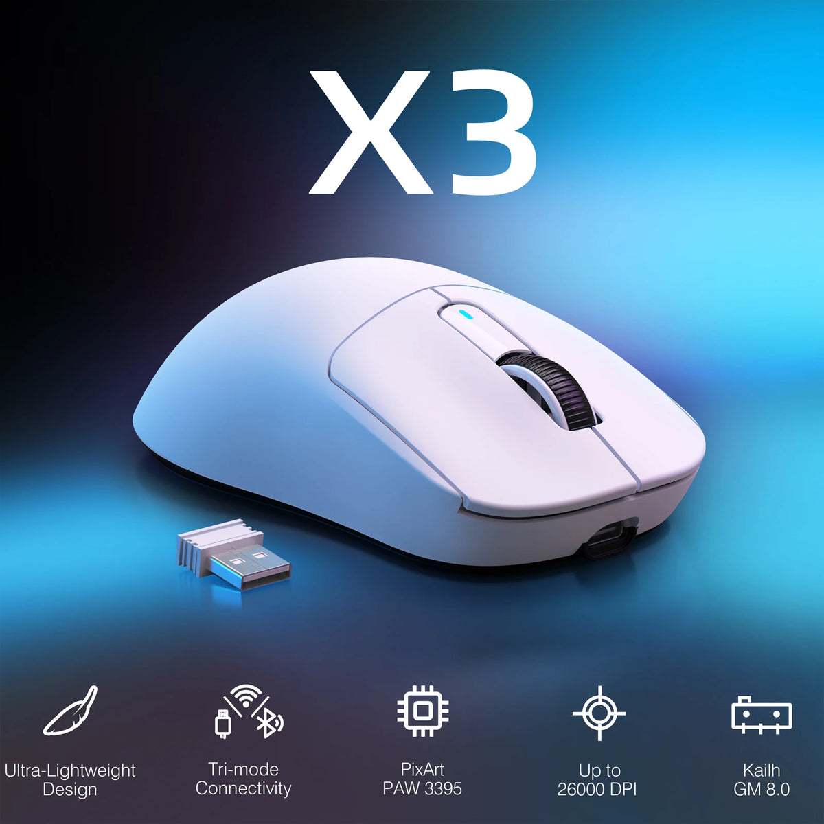 ATTACK SHARK X3 Wireless Gaming Mouse – 49g, PAW3395 26K DPI, Tri-Mode & Programmable Buttons.