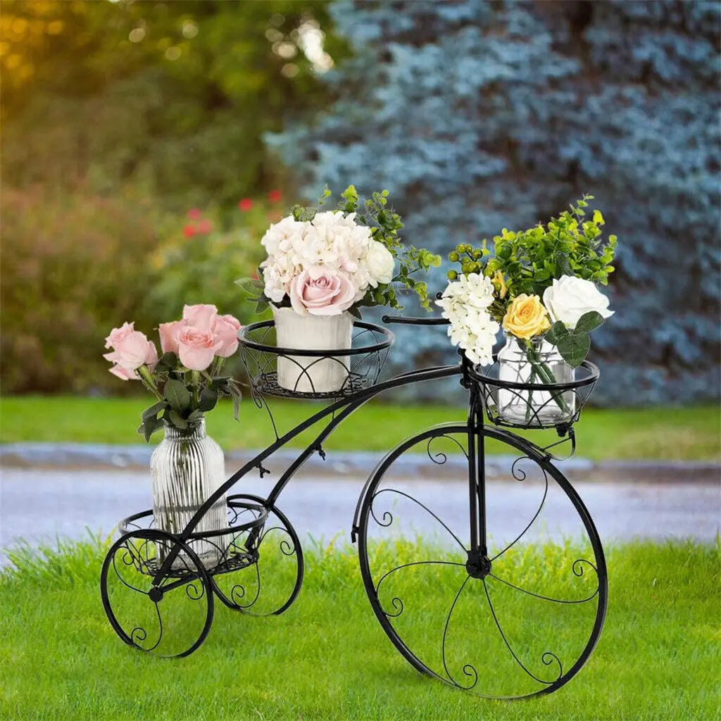 3-Tier Bicycle-Shaped Plant Stand – Iron Garden Flower Rack for Indoor & Outdoor Décor.