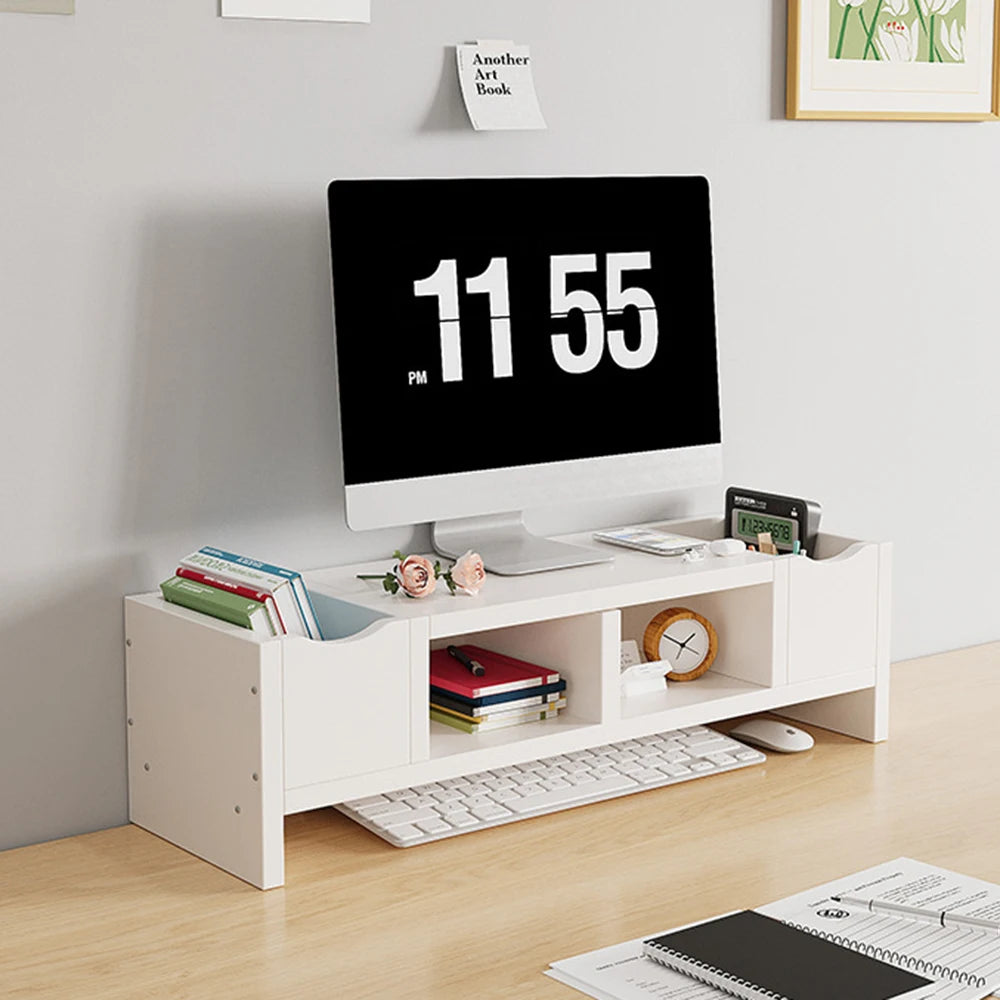 White Monitor Stand Riser with Drawers & Side Storage – Desktop Organizer & Laptop Support Shelf.