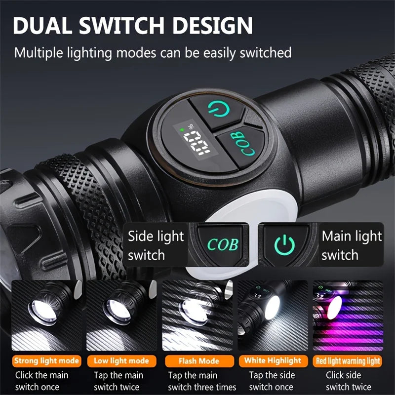 High-Power LED Flashlight – USB Rechargeable Tactical Torch with COB Side Light, Magnetic Base & Zoom.