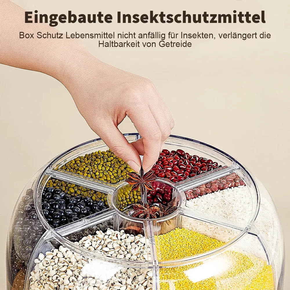 360° Rotating 6-Grid Food Dispenser – Airtight Grain & Cereal Storage Container, Moisture-Proof Kitchen Organizer.