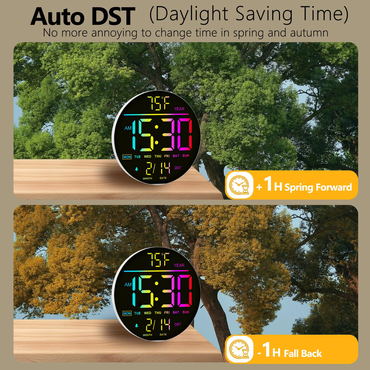 10-Inch RGB Digital Wall Clock – 11-Colour Modes, Remote Control, Dual Alarm, Night Light, Temperature & Date Display.