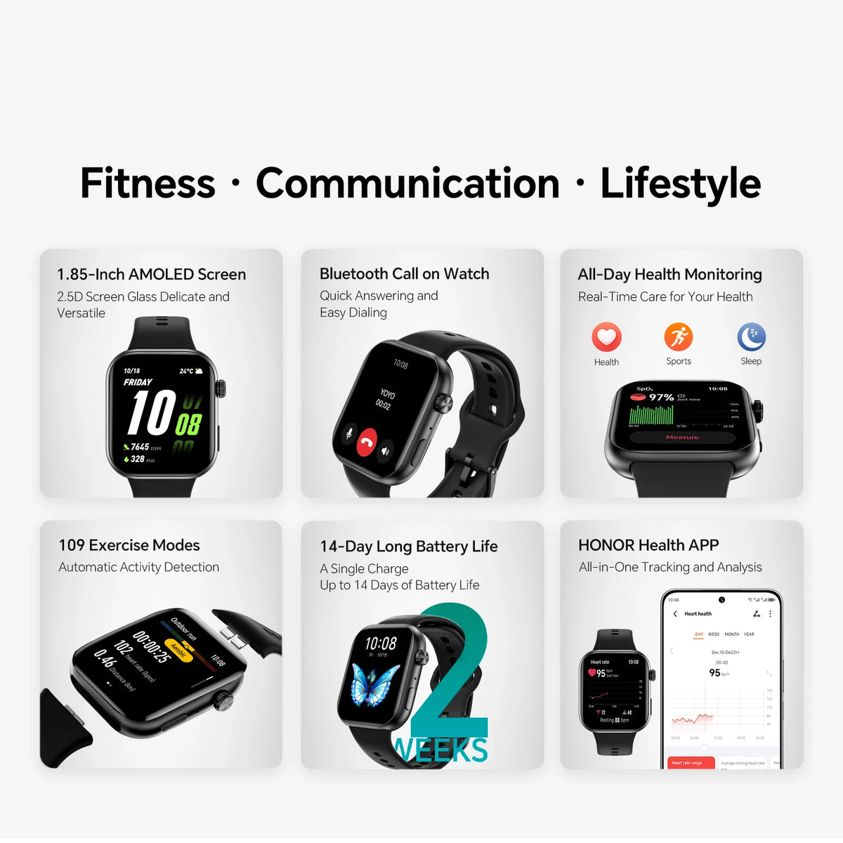 1.85" AMOLED Smartwatch with Bluetooth Calling, 14-Day Battery, 109 Sports Modes & 24/7 Health Tracking.