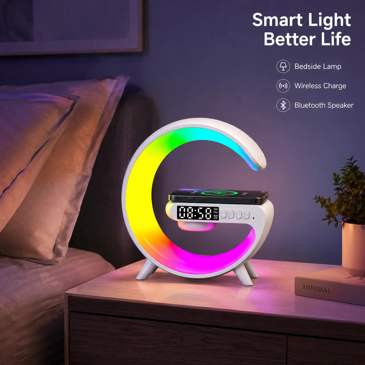 G-Shape LED Smart Desk Lamp – Multi-Functional Bedside Light with Wireless Charger & Bluetooth Speaker.