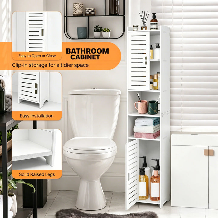 Tall 5-Tier Bathroom Storage Cabinet – 2-Door PVC Waterproof Organiser.