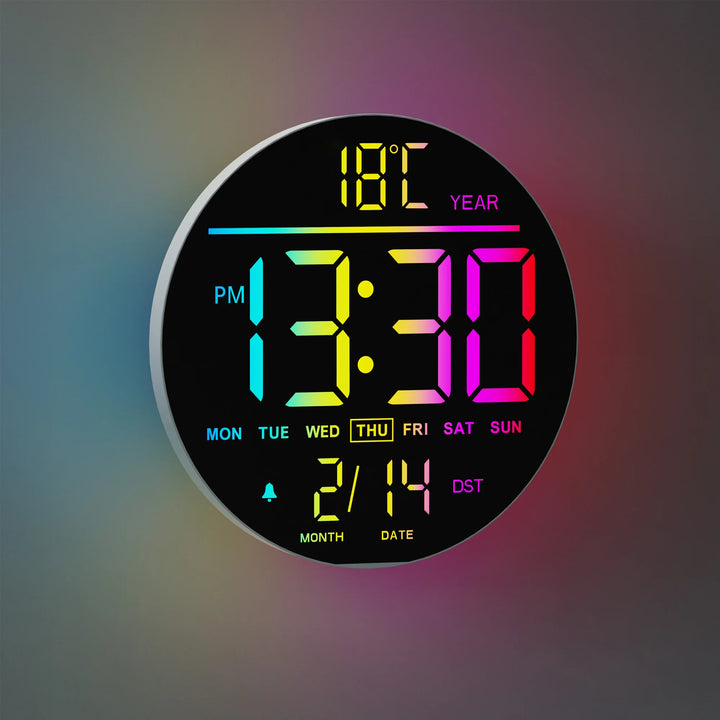 10-Inch RGB Digital Wall Clock – 11-Colour Modes, Remote Control, Dual Alarm, Night Light, Temperature & Date Display.