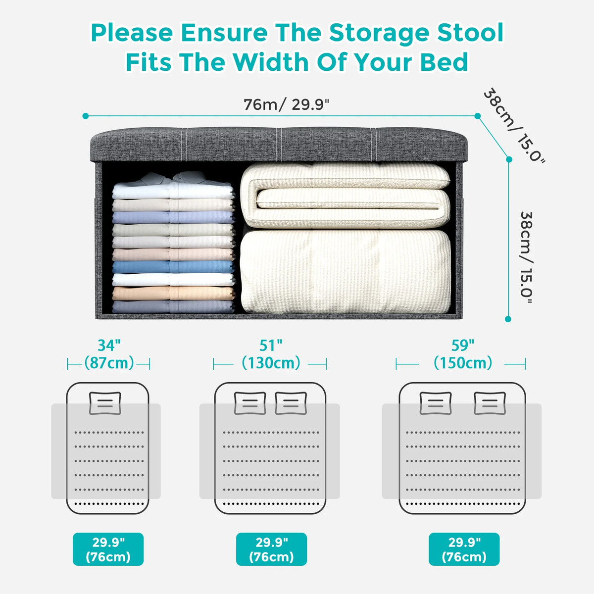 Folding Storage Ottoman Bench – 150kg Capacity, Hidden Storage & Padded Seat, 76 × 38 × 38cm.