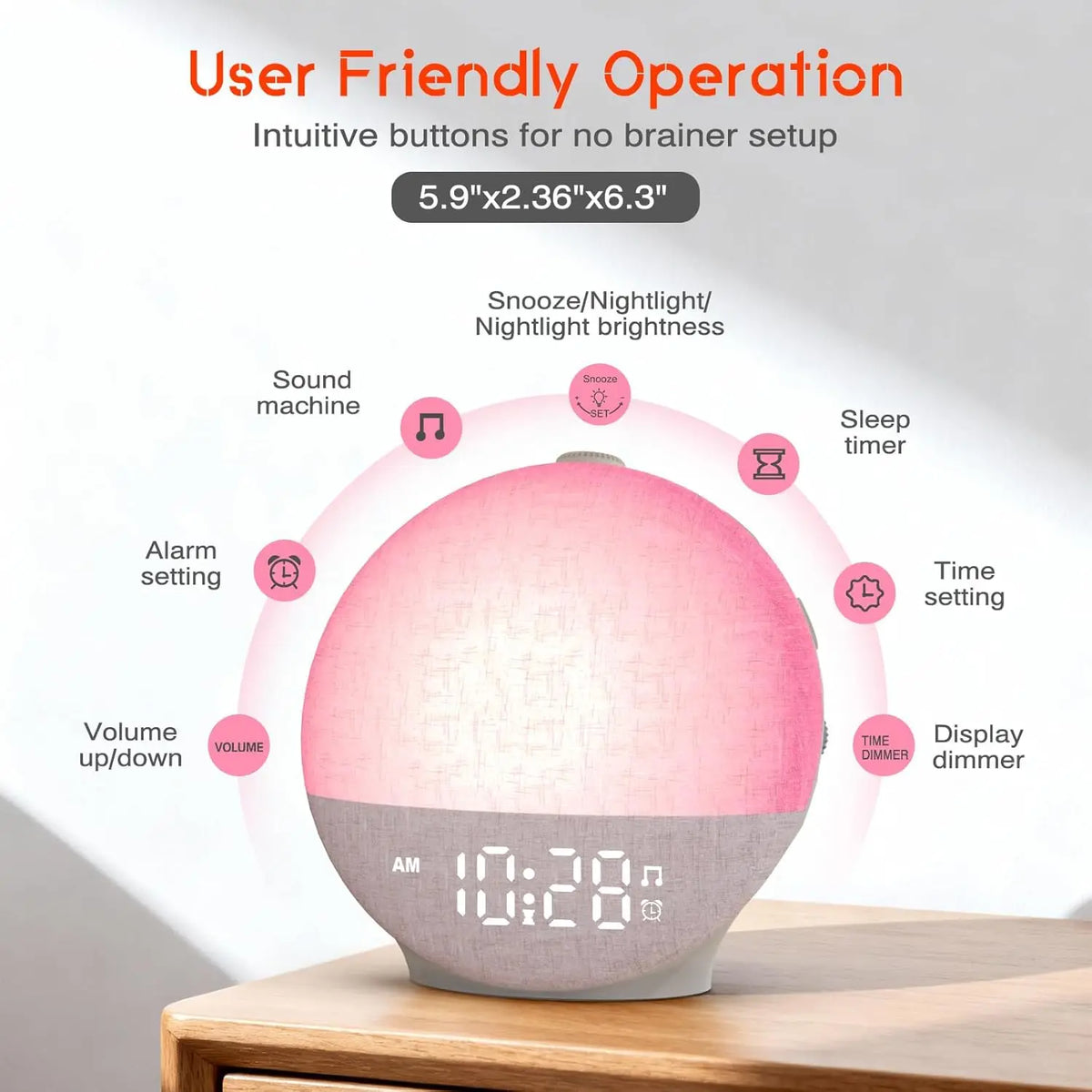 Sunrise Wake-Up Light & Night Lamp – Dimmable Alarm Clock with White Noise, 30 Soothing Sounds & 12-Colour Night Light.