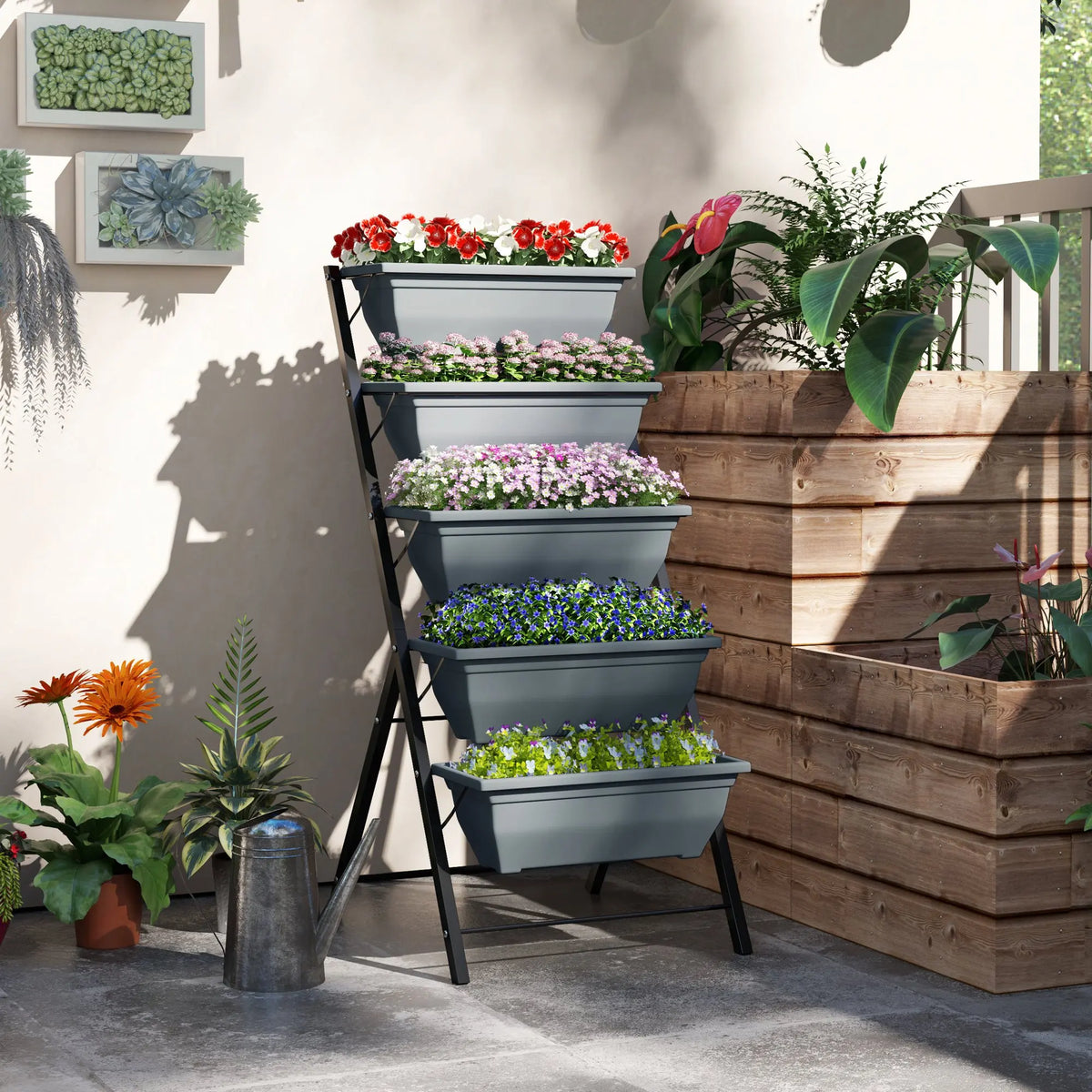 5-Tier Raised Garden Bed, Vertical Ladder Plant Stand with 5 Removable Boxes, Grey