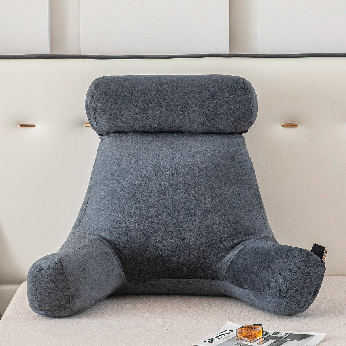 Adult Reading Pillow with Arms & Pockets – Ergonomic Backrest Cushion for Bed, Sofa & Lounging.