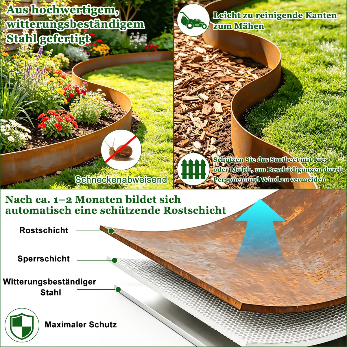 10m Corten Steel Lawn Edging – 15cm High, 0.6mm Thick Flexible Landscape Border.