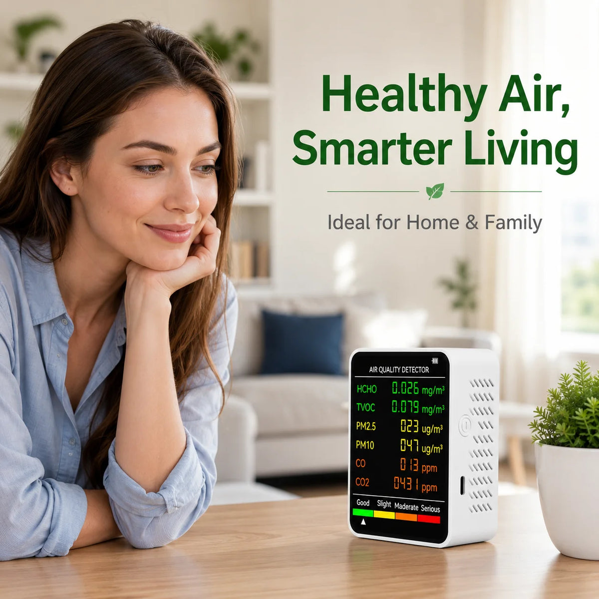 CO2 Air Quality Monitor – Carbon Dioxide Detector with Real-Time Monitoring & Alerts for Home and Office.