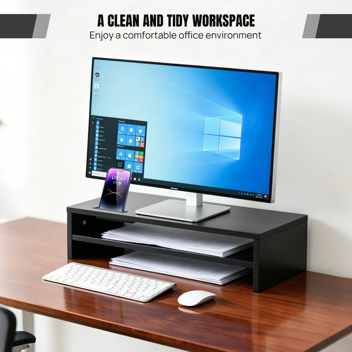 2-Tier Wooden Monitor Stand Riser – 420mm Wide, 20kg Capacity with Phone Holder.