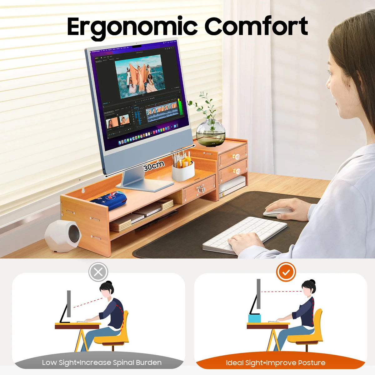 Computer Monitor Stand Riser – Sturdy Ergonomic Desktop Shelf & Storage Organizer.