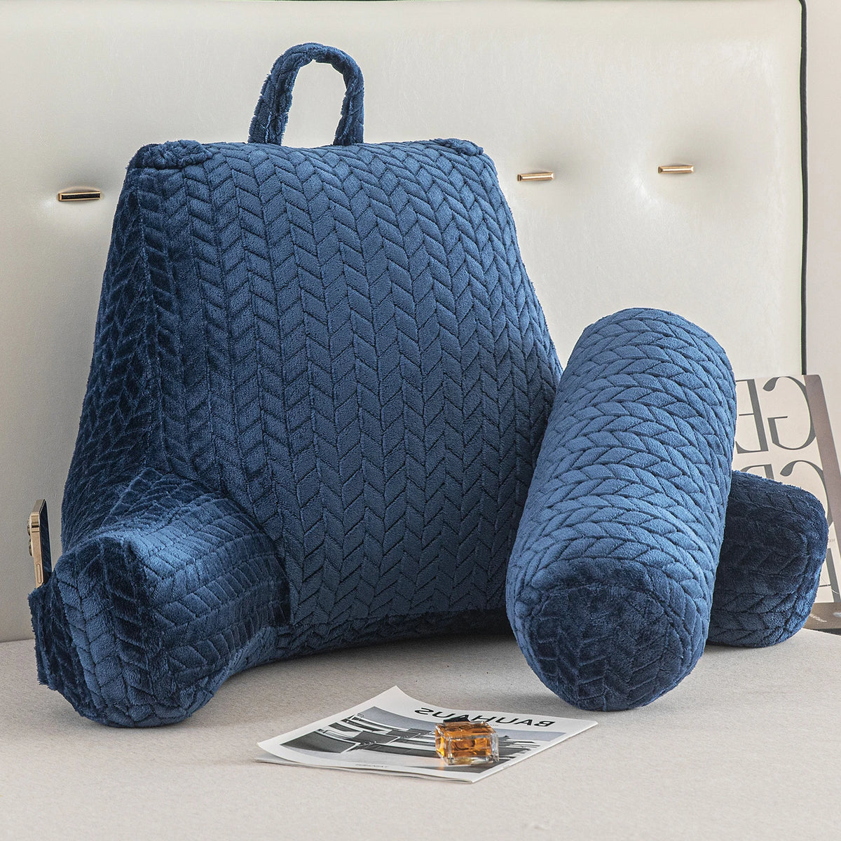 Adult Reading Pillow with Arms & Pockets – Ergonomic Backrest Cushion for Bed, Sofa & Lounging.