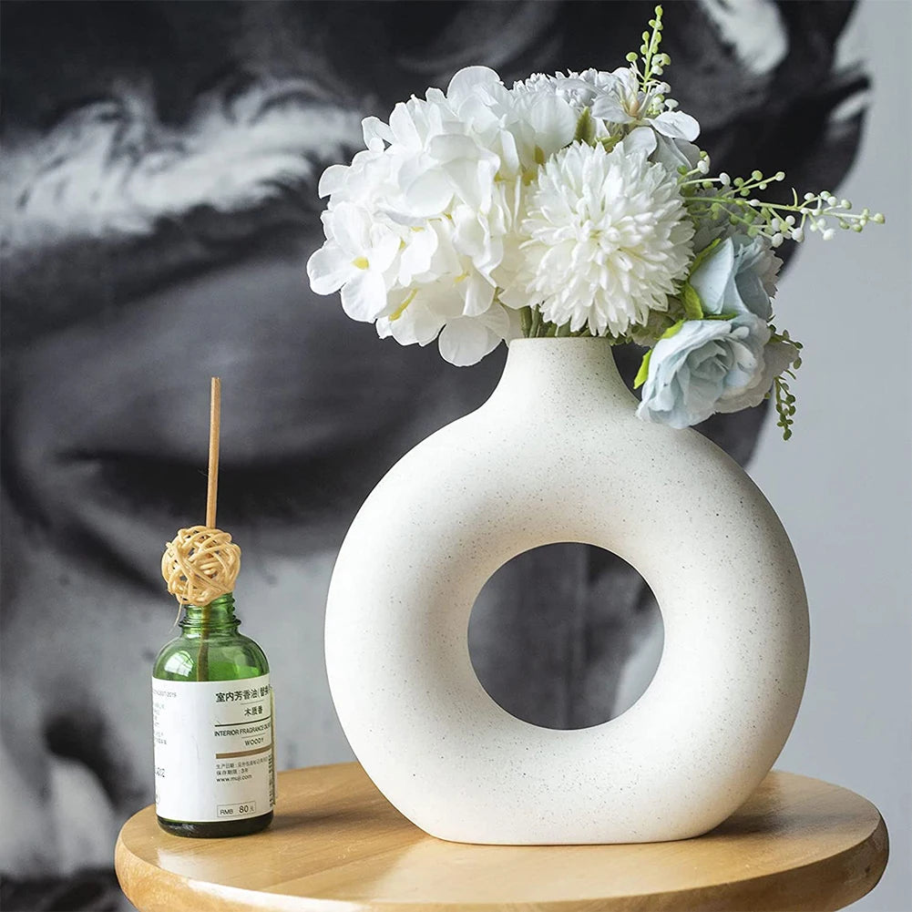 Nordic Style White Ceramic Round Vase – Minimalist Decorative Flower Vase for Living Room, Bedroom, Dining Table & Home Décor