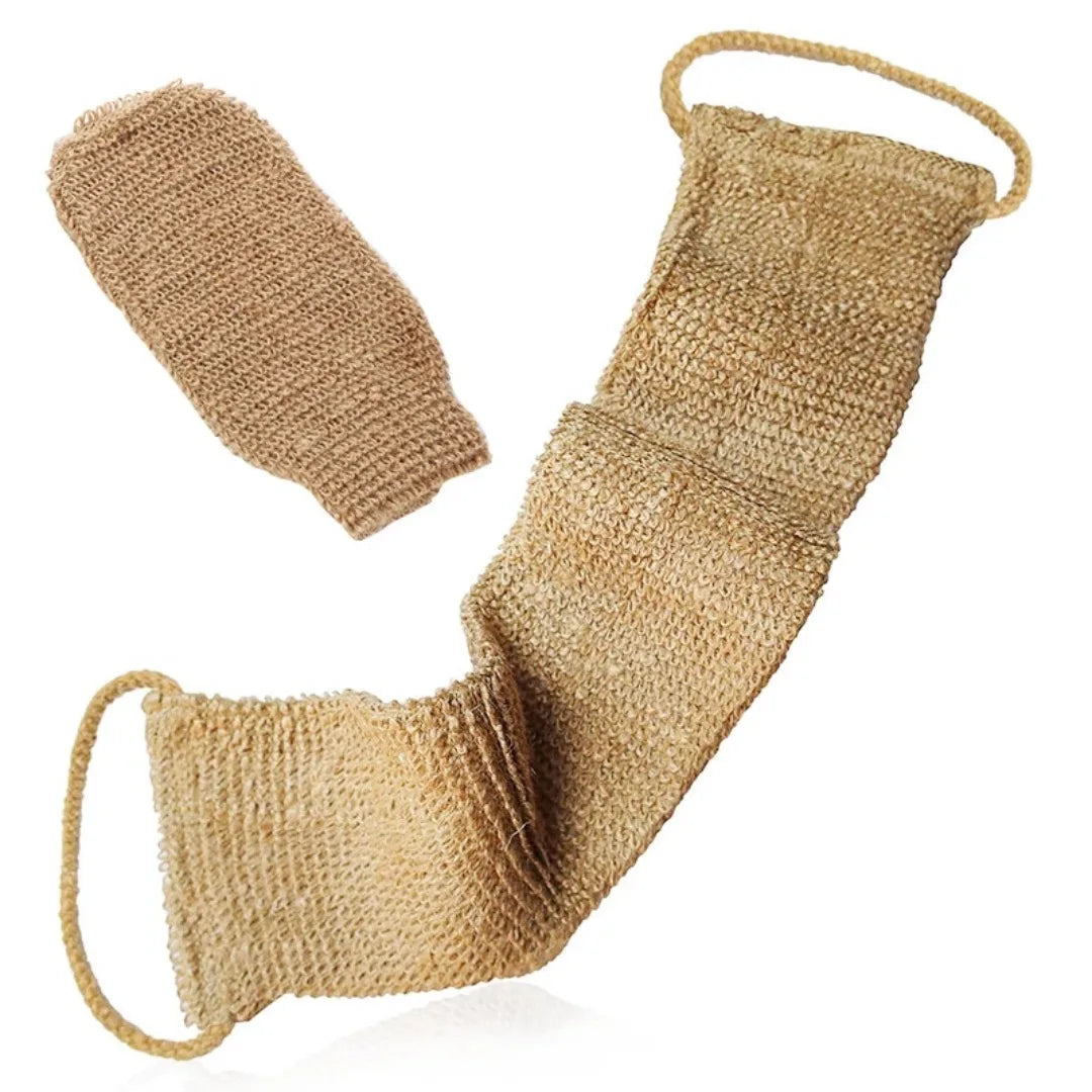 Hemp Back Scrubber Bath Towel with Gloves – Jute Exfoliating Loofah Back Strap Shower & Body Cleaning Kit.