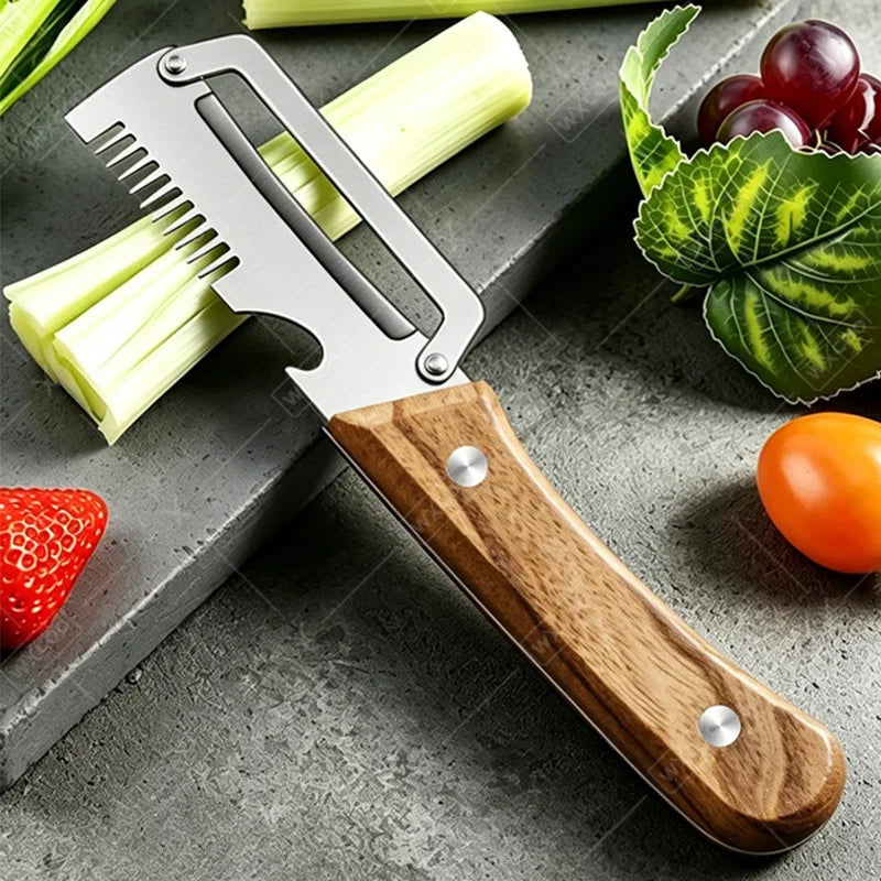 Multi-Function Vegetable Peeler – Stainless Steel Blade Kitchen Peeler with Wooden/Steel Handle & Bottle Opener.