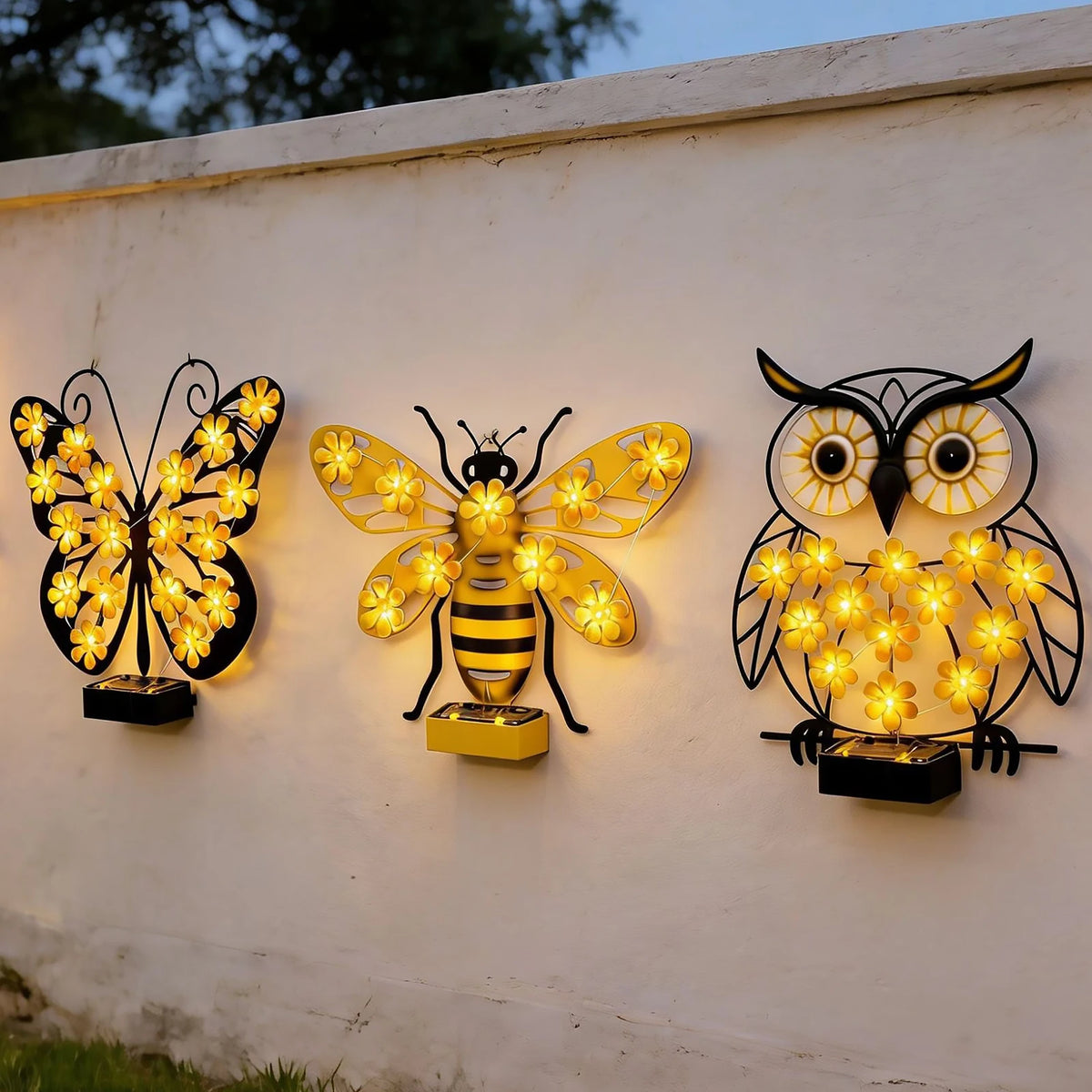 LED Solar Metal Wall Lights – Butterfly, Bee & Owl Garden Decoration Lamps.