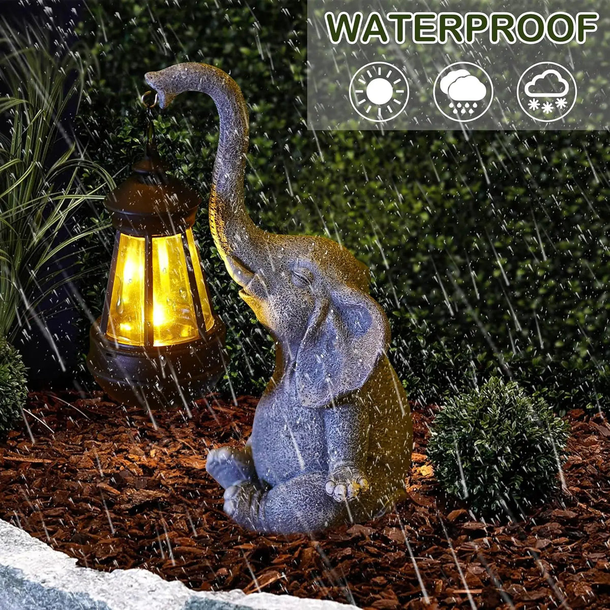 Solar Elephant Garden Statue – Resin Elephant Figurine with Lantern Light.