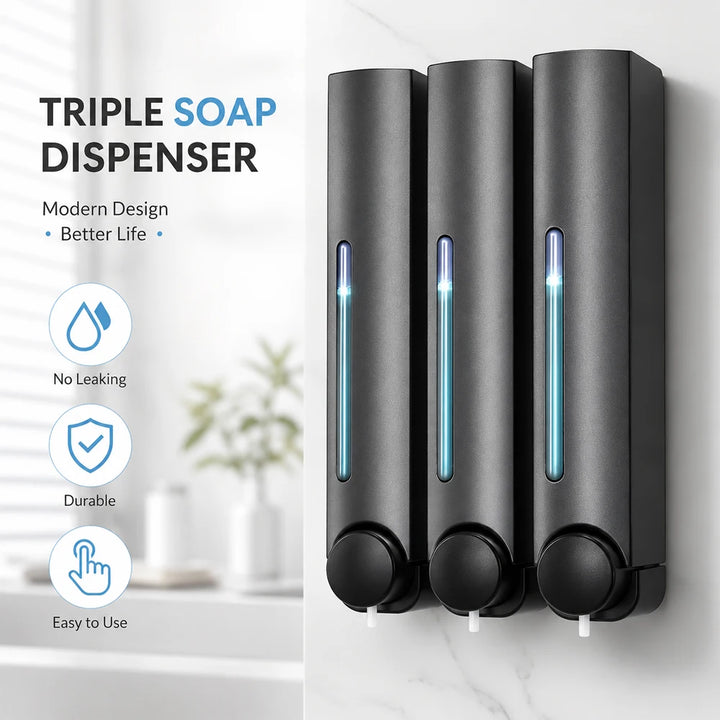 2/3-Chamber No Drill Wall-Mounted Soap Dispenser – 380ml Shampoo, Conditioner & Shower Gel Dispenser.