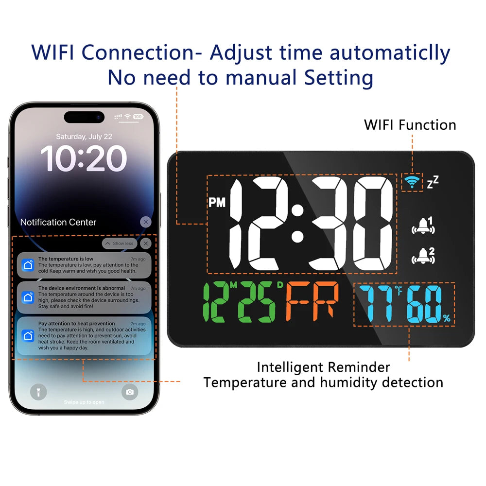 Smart WiFi Desktop Clock – Digital LED Calendar, Thermometer & Hygrometer with Auto-Calibration.