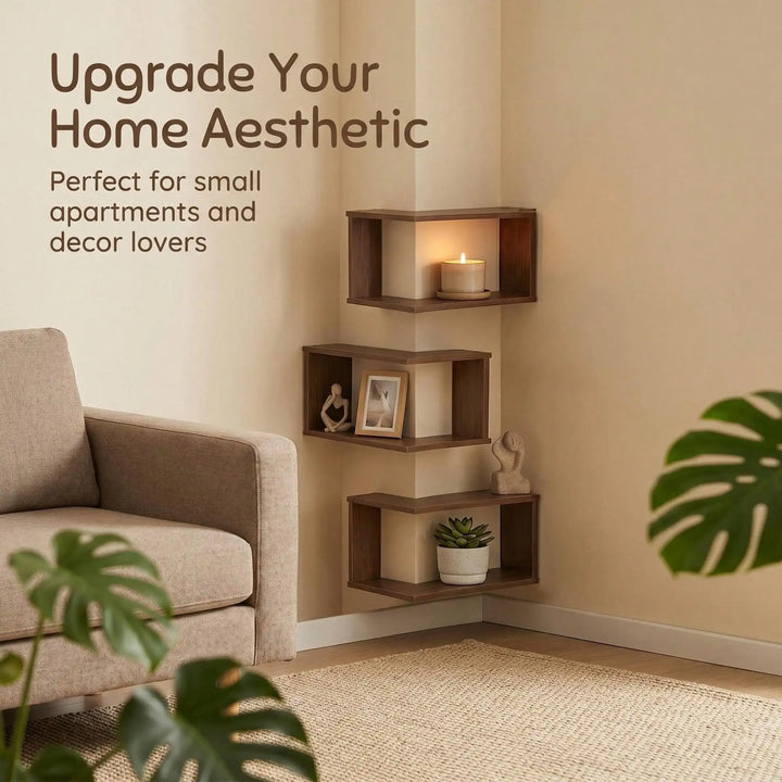 Set of 3 Wooden Floating Corner Shelves – Wall-Mounted Storage & Display Rack.